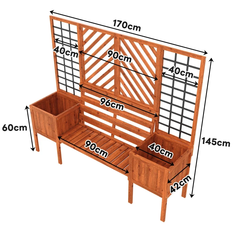 Fioriera con grigliato e seduta per giardino, cortile, terrazza, per piante rampicanti, 170x42x145 cm, Marrone
