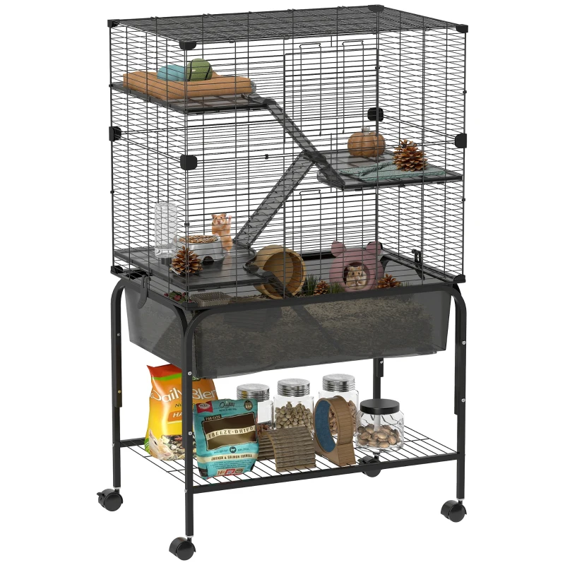 PawHut Jaula para Animales Pequeños de 4 Niveles con Ruedas Bandeja Profunda Rampas Plataformas y Comedero 73x47x123 cm Negro