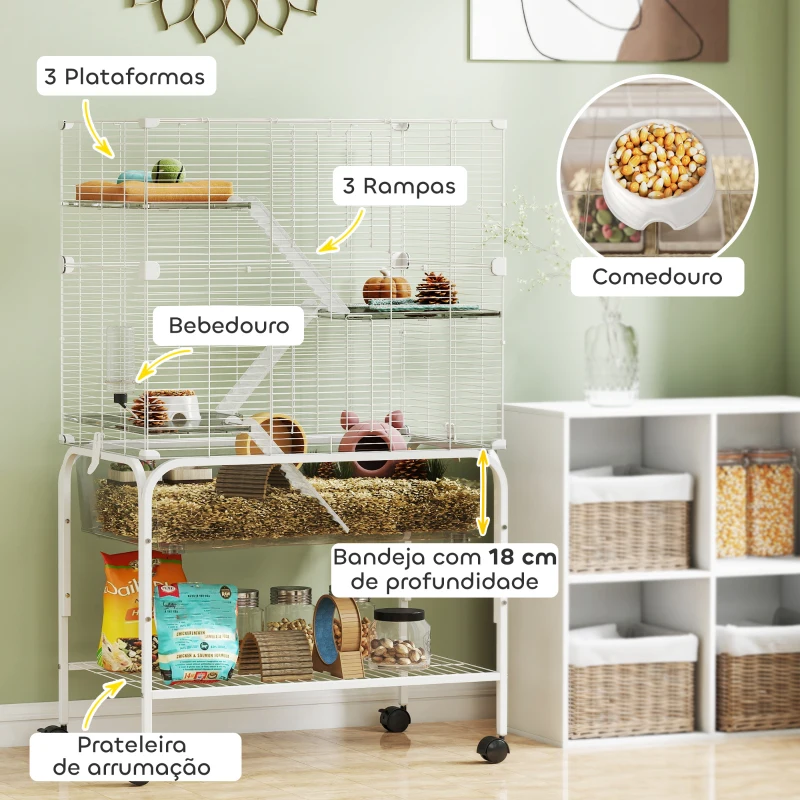 PawHut Gaiola para Pequenos Animais de 4 Níveis com Bandeja Inferior Rodas Rampas Comedouro e Bebedouro 73x47x123 cm Branco