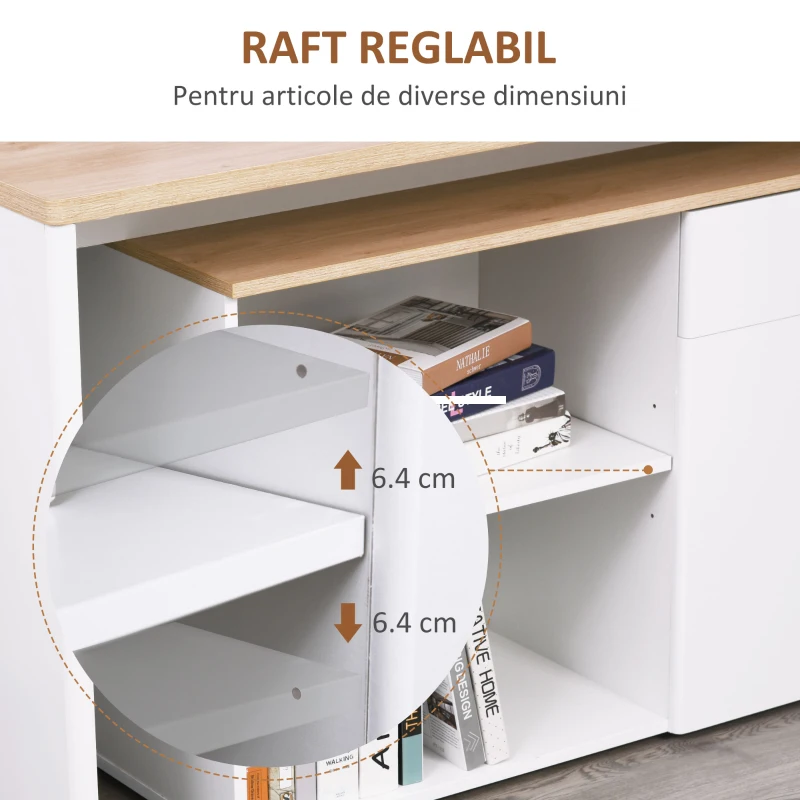 HOMCOM Birou cu Blat Extensibil pentru PC și Bibliotecă, 140x117x76 cm, Alb(m-6)