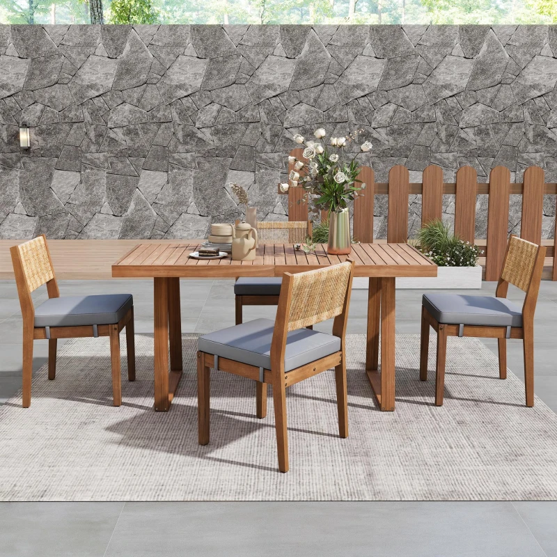 Ensemble de salle à manger 5 pièces avec table en bois, dossier en rotin, coussinets de pieds pour terrasse, jardin, Gris + Couleur naturelle