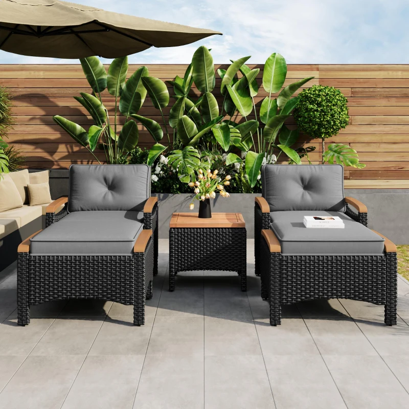 Ensemble de balcon en rotin d'extérieur 5 pièces avec 2 chaises, 2 tabourets et 1 table, Noir+Gris