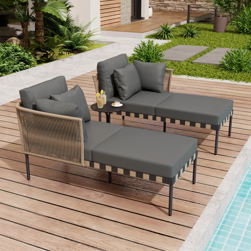 Canapé de jardin, Fauteuil de jardin amovible et modulaire, Table basse en verre trempé,  Gris + Marron