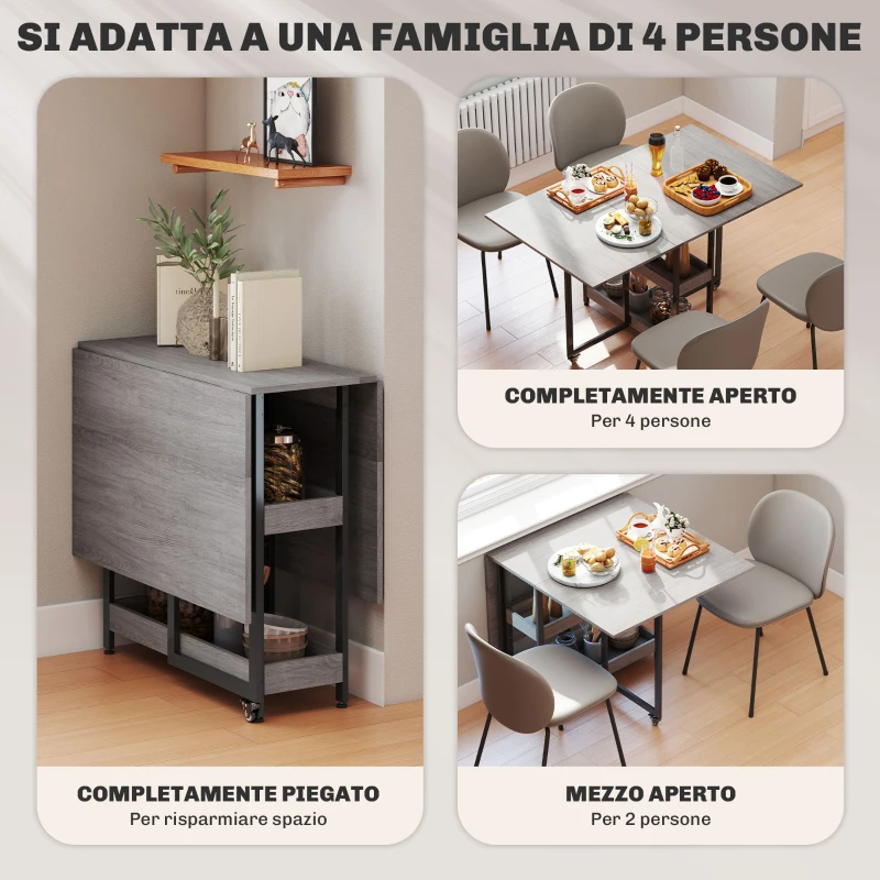 HOMCOM Tavolo Pieghevole a 2 Ribalte per 4 Persone con 2 Ripiani Aperti, in Legno e Metallo, 133.4x80x75 cm, Grigio
