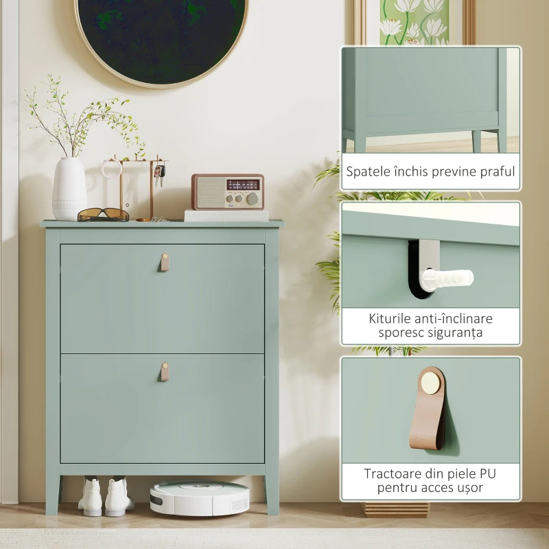 HOMCOM Pantofar cu 2 Sertare Rabatabile pentru 14 Perechi de Pantofi și Rafturi Reglabile, 80x24x95.5 cm, Verde