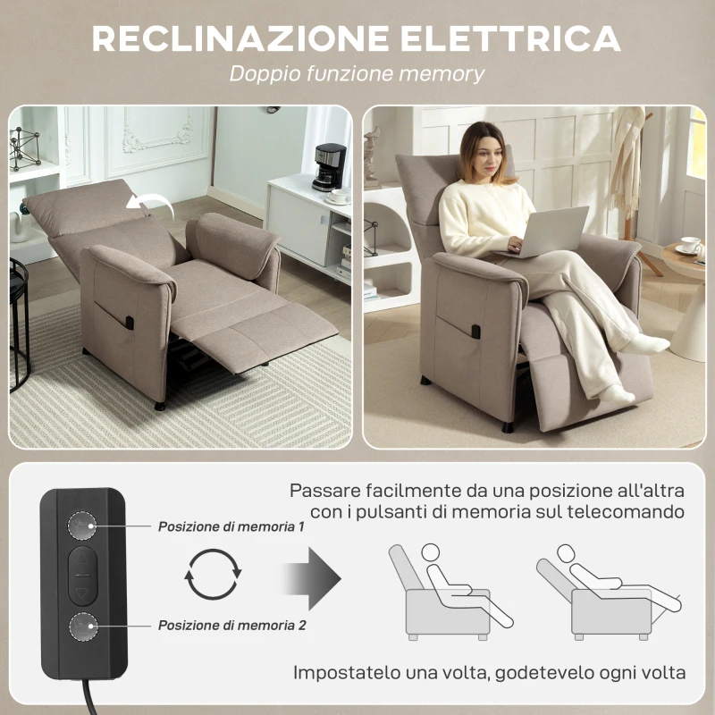 HOMCOM Poltrona Reclinabile Elettrica con Telecomando e Poggiapiedi, in Tessuto Effetto Velluto, 80x83x104 cm, Marrone