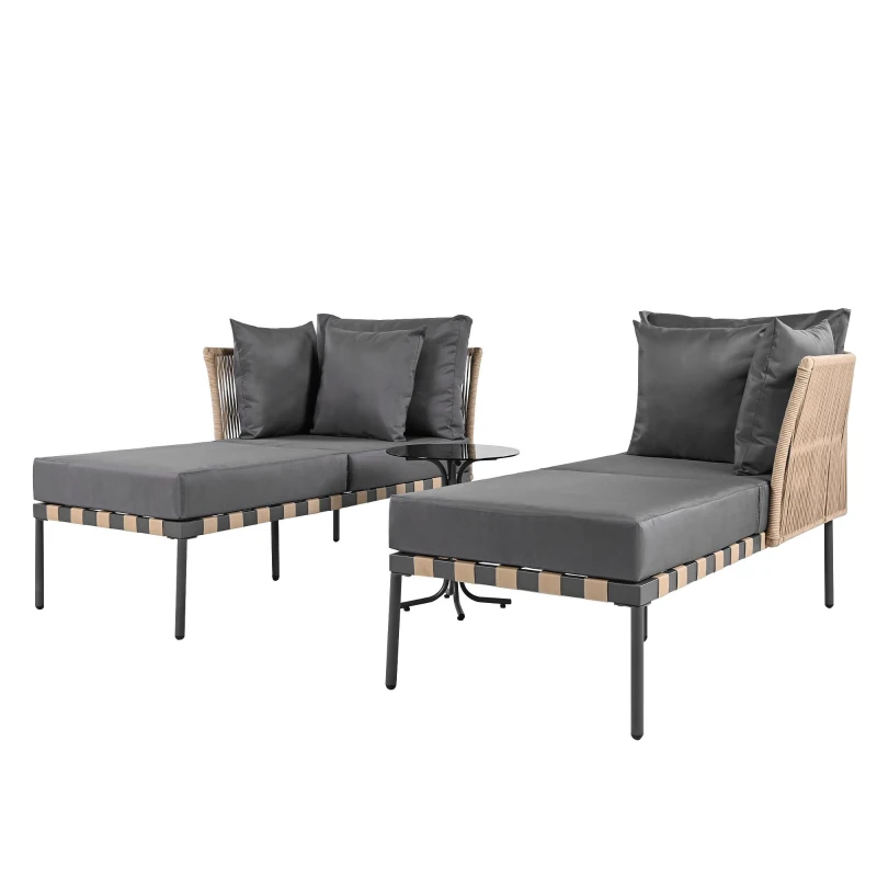 Canapé de jardin, Fauteuil de jardin amovible et modulaire, Table basse en verre trempé,  Gris + Marron