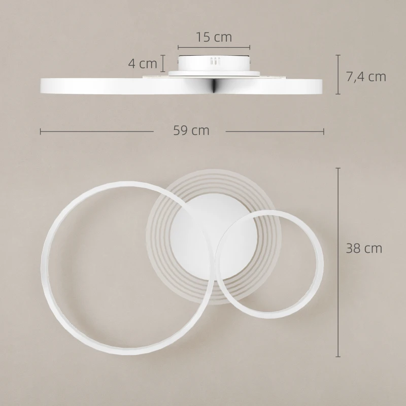 HOMCOM Candeeiro de Teto LED 40W Candeeiro Moderno com Iluminação LED 3000K/4000K/6500K 59x38x7,4 cm Branco