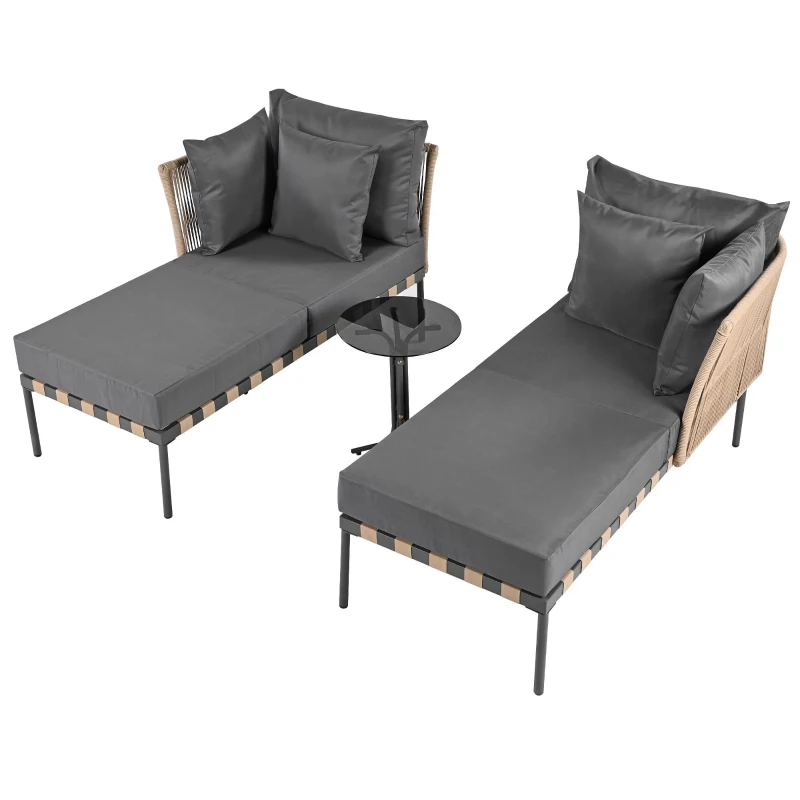 Canapé de jardin, Fauteuil de jardin amovible et modulaire, Table basse en verre trempé,  Gris + Marron