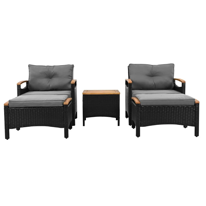 Ensemble de balcon en rotin d'extérieur 5 pièces avec 2 chaises, 2 tabourets et 1 table, Noir+Gris