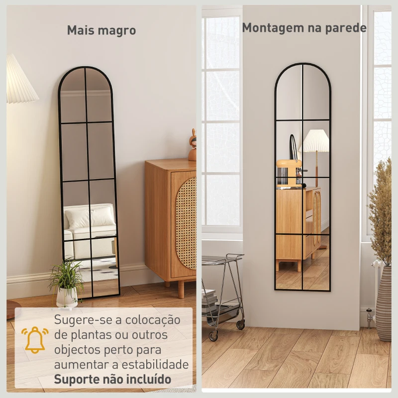 HOMCOM Espelho de Pé ou Apoiado na Parede Espelho com Forma de Janela e Moldura de Metal para Dormitório Entrada Sala 40x160 cm Preto