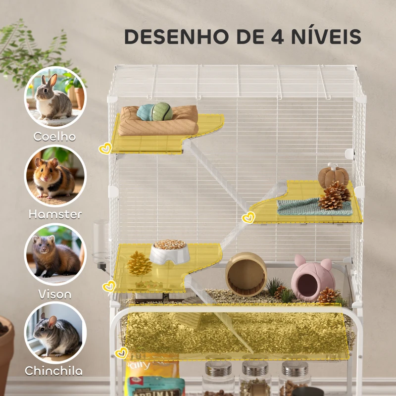 PawHut Gaiola para Pequenos Animais de 4 Níveis com Bandeja Inferior Rodas Rampas Comedouro e Bebedouro 73x47x123 cm Branco