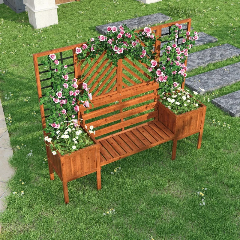 Fioriera con grigliato e seduta per giardino, cortile, terrazza, per piante rampicanti, 170x42x145 cm, Marrone