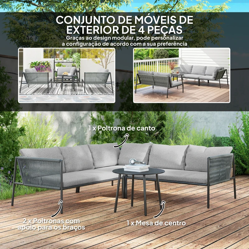 Outsunny Conjunto de Jardim em Vime com Almofadas Móveis de Jardim com 2 Sofás de 2 Lugares Sofá de Canto Mesa Redonda Cinza Escuro