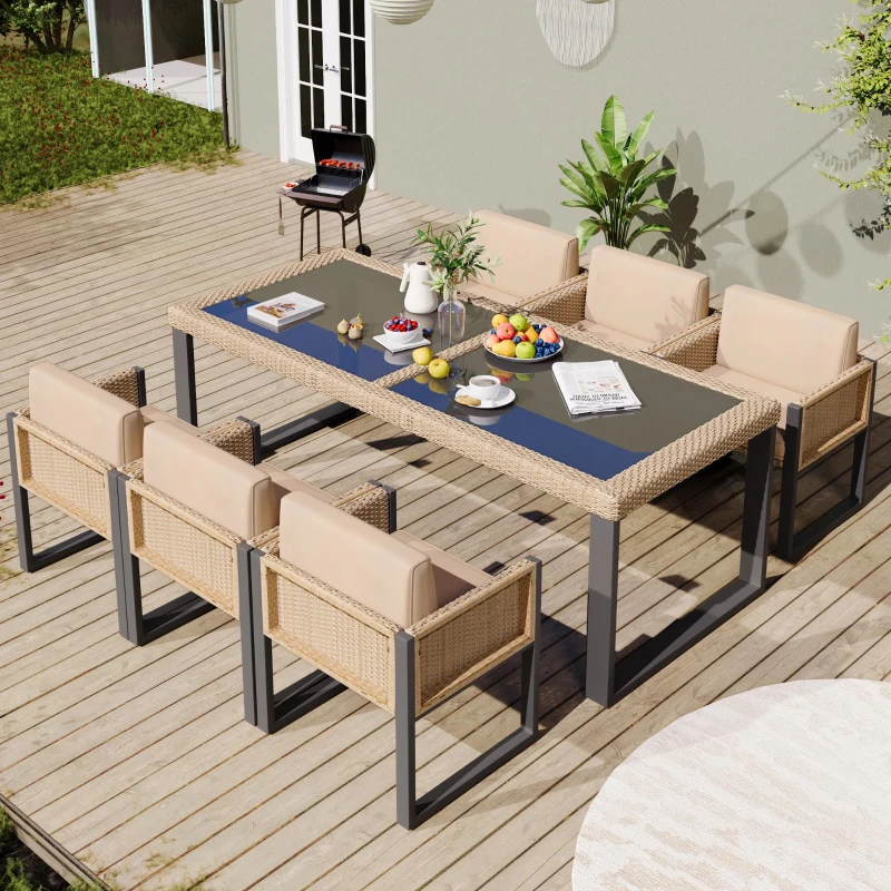 Rattan-Tisch- und Stuhlset, 1 Tisch, 6 Stühle, Tischplatte aus gehärtetem Glas, Braun+Schwarz