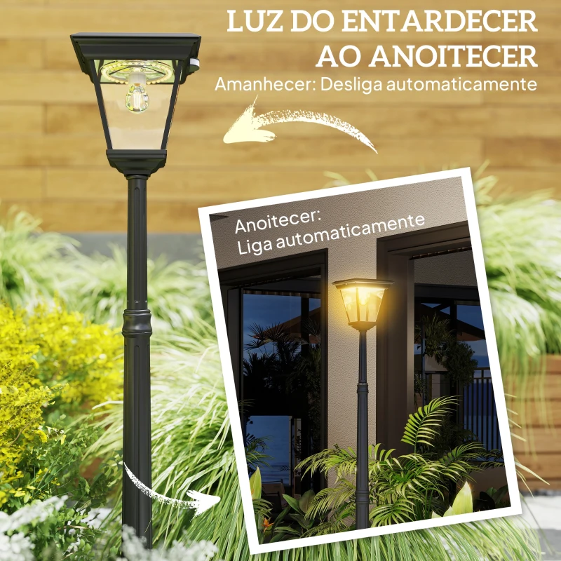 Outsunny Candeeiro Solar de Jardim com Luzes LED Acendimento e Apagamento Automático Sensor de Movimento 26x24x220 cm Preto