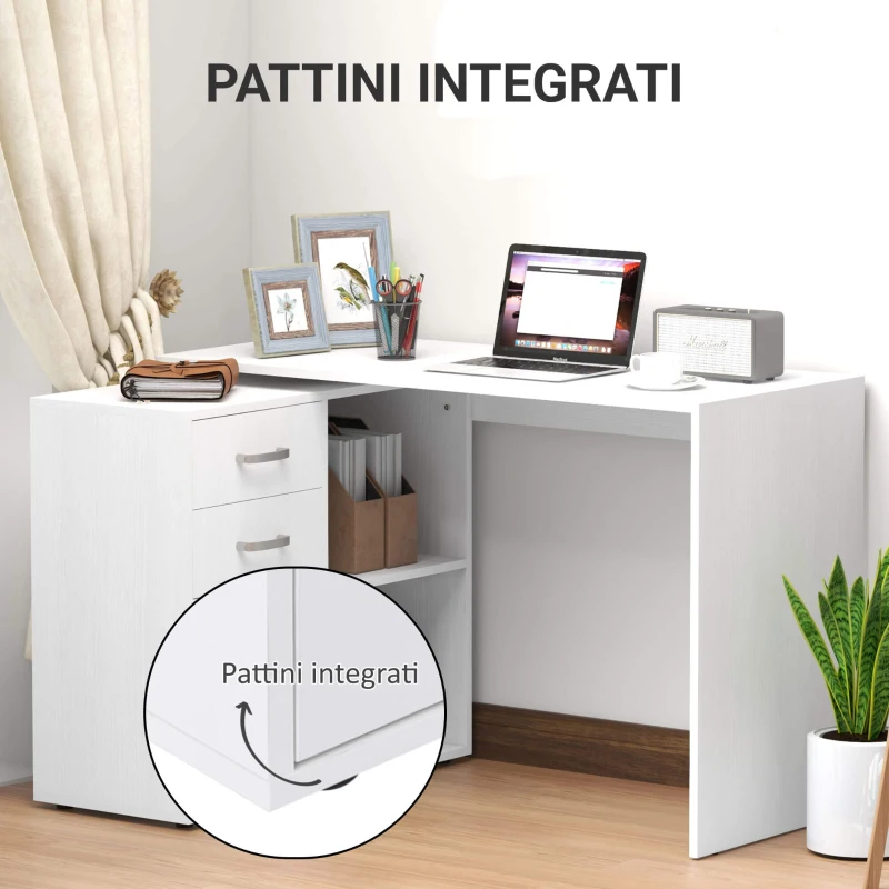HOMCOM Scrivania Angolare per PC con 2 Cassetti e Ripiani Aperti, Scrivania ad Angolo Forma a L in Legno e Metallo, 117x83.5x76 cm, Bianco