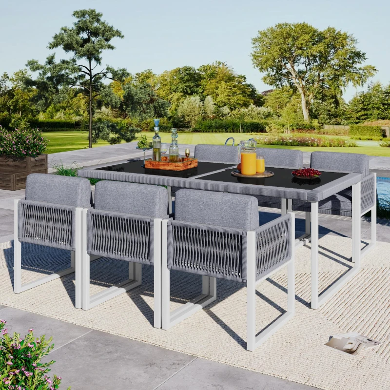Ensemble table et chaises en rotin, avec 1 table et 6 chaises, plateau en verre trempé, Gris+Blanc