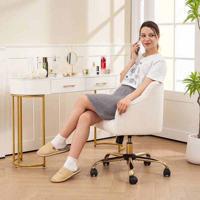 HOMCOM Gepolsterter Bürostuhl, Schreibtischstuhl in Leinenoptik, goldfarbene Beine, höhenverstellbar, Beige(m-8)