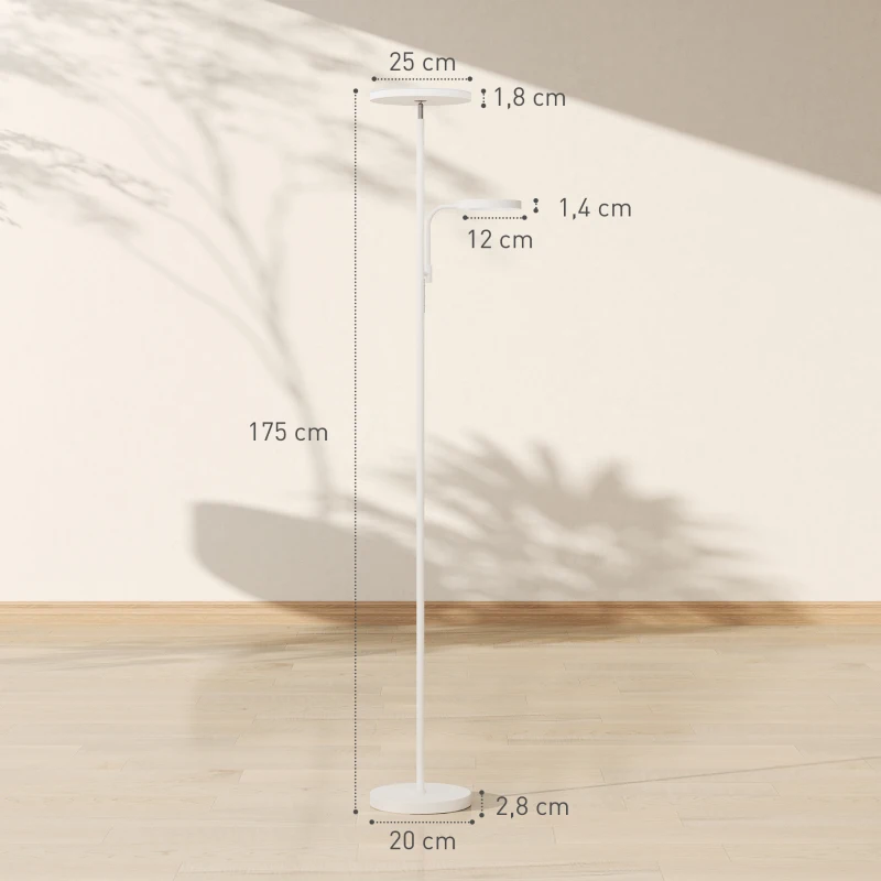 HOMCOM Candeeiro de Pé 42W Giratório com Controlo Remoto e Táctil Temperatura de Cor e Brilho Ajustáveis Ø25x175 cm Branco