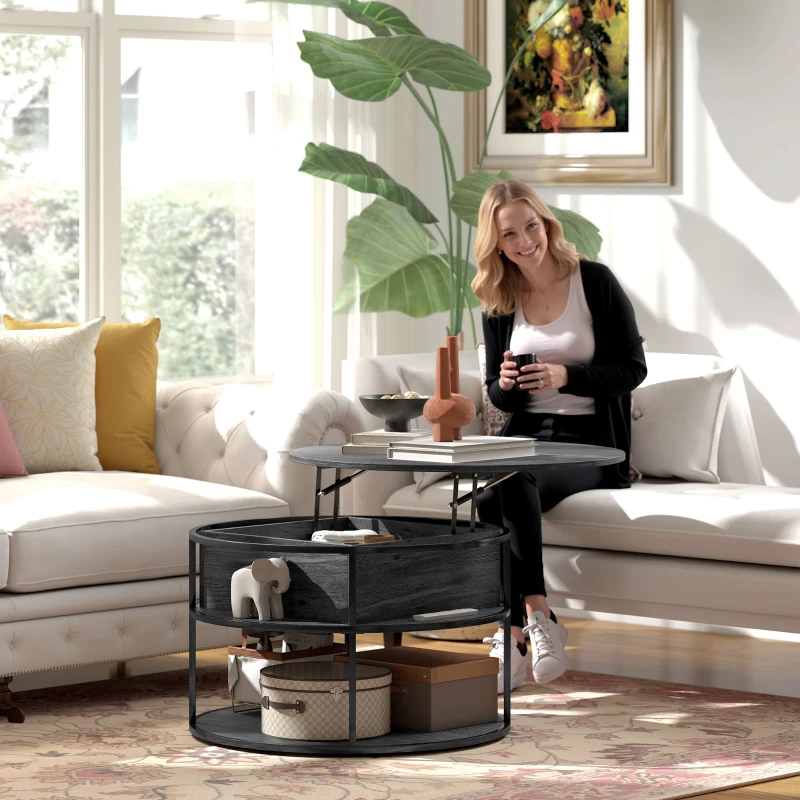 HOMCOM Lift Top Coffee Table, Round Coffee Table with Storage Shelf, Hidden Compartment and Steel Frame for Living Room, Home Office, Charcoal Grey