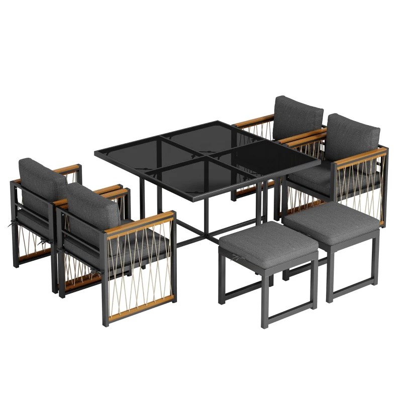 Ensemble de salle à manger extérieur 7 pièces avec plateau en verre trempé, accoudoirs, coussins, pour 6 personnes, Noir+Naturel