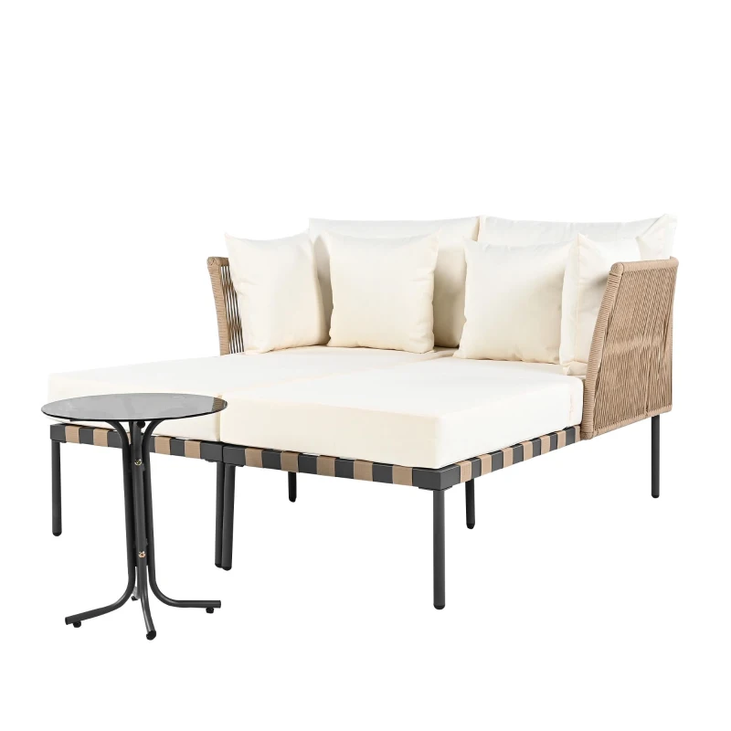 Canapé de jardin, Fauteuil de jardin amovible et modulaire, Table basse en verre trempé, Blanc+Marron