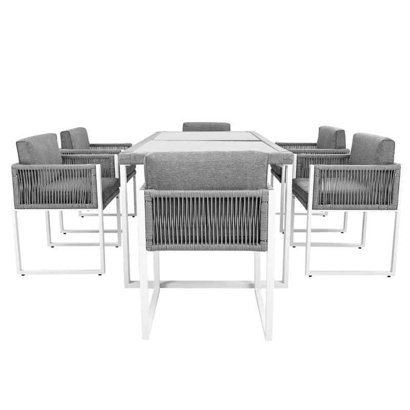 Ensemble table et chaises en rotin, avec 1 table et 6 chaises, plateau en verre trempé, Gris+Blanc