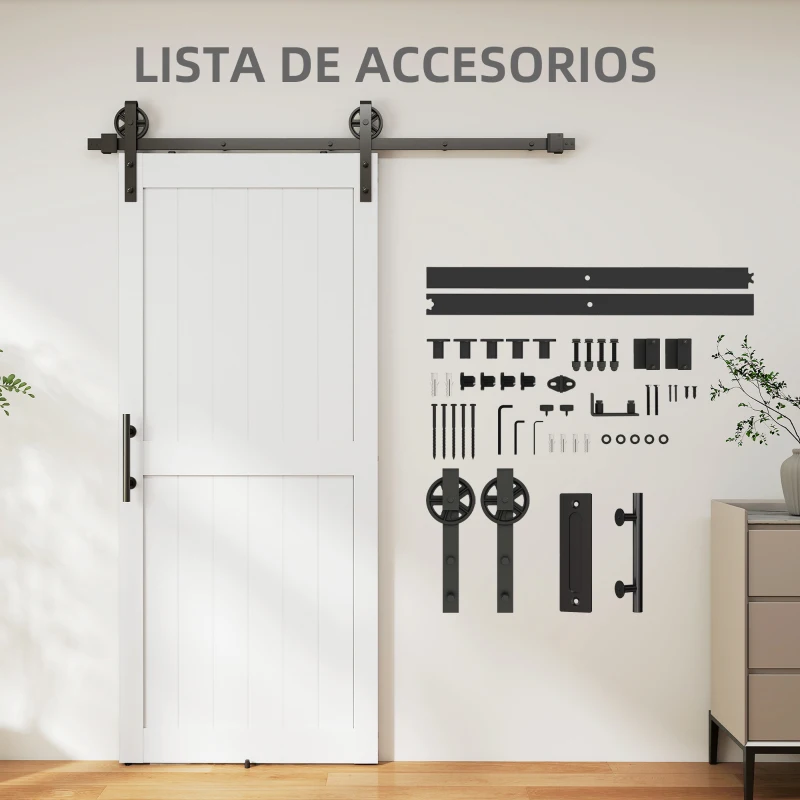 HOMCOM Puerta Corredera de Granero con Herrajes Manija Rodillo y Guía de Suelo Mejorados para Baño Salón 91,5x213,4 cm Blanco(m-6)