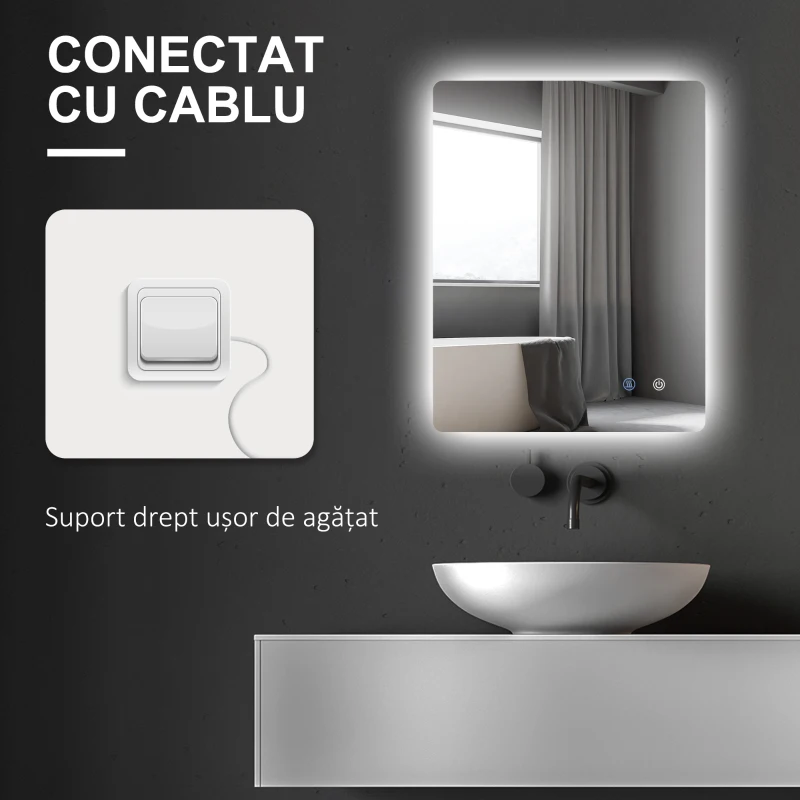 Kleankin Oglinda de Baie cu Lumina LED 3 Culori, intrerupatoare Touch si Luminozitate Reglabila, 70x50x3 cm, Transparent