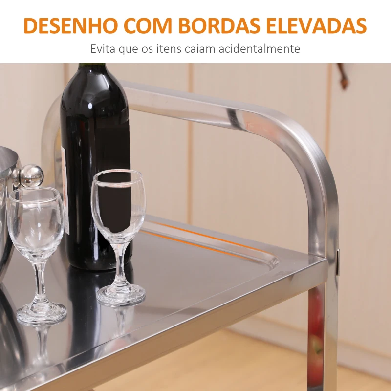 HOMCOM Carrinho de Cozinha Polivalente Carrinho de Apoio com Rodinhas, Prateleiras Ilha de Cozinha 3 Níveis de Carga 50kg Aço Inoxidável