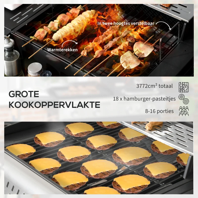 Outsunny Gasgrill BBQ-Grill, inclusief thermometer, warmhoudplaten, 161 x 53 x 101 cm, Zwart + Zilver
