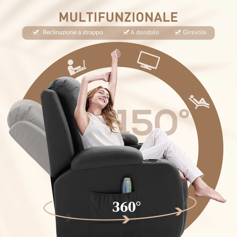HOMCOM Poltrona Relax Reclinabile fino 150° in Finta Pelle con 8 Punti Massaggio e Riscaldamento, Nero