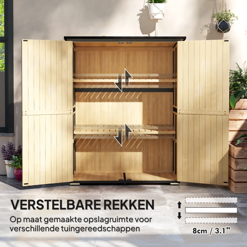 Outsunny Houten en Stalen Tuinkast, Buiten Gereedschapskast met Asfaltdak, 2 Planken, Afsluitbare Deuren, Natuurhout(m-4)