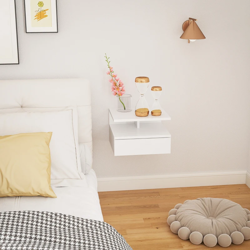 HOMCOM Comodino Sospeso per Camera da Letto con Cassetto e Mensola in Legno, 35x32x22.5cm, Bianco