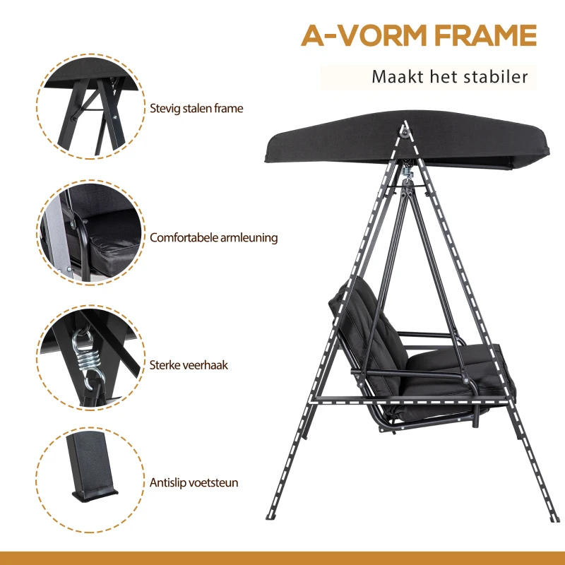 Outsunny Hollywoodschommel, 2-zits Tuinschommel met Verstelbaar Dak, tot 220 kg belastbaar, 145 x 116 x 172 cm, Zwart