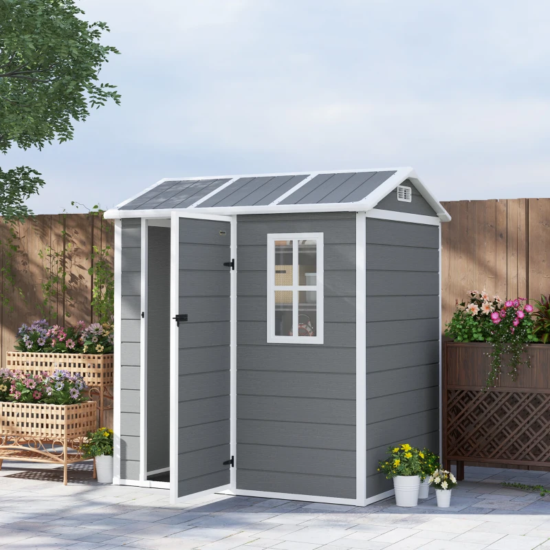 Outsunny Tuinhuis, Gereedschapsschuur met Bodem, Raam, Afsluitbare Deur, Kunststof-Harz, Weerbestendig, Grijs