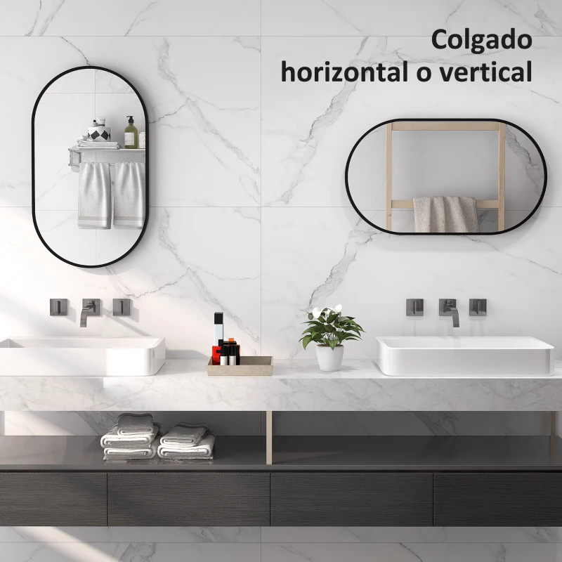 HOMCOM Espejo de Baño Ovalado 40x70 cm Espejo Decorativo de Pared con Marco de Aluminio para Salón Horizontal o Vertical Negro
