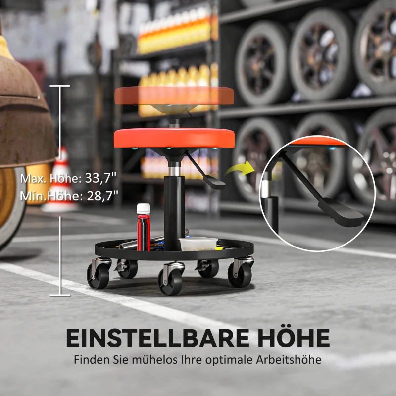HOMCOM Werkplaatskruk op Wielen met Opbergvak en Hoogteverstelling 38-50cm tot 135 kg Belastbaar, Oranje(m-5)