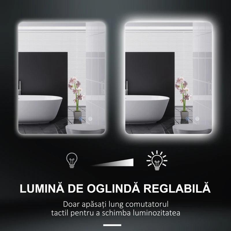 Kleankin Oglinda de Baie cu Lumina LED 3 Culori, intrerupatoare Touch si Luminozitate Reglabila, 70x50x3 cm, Transparent