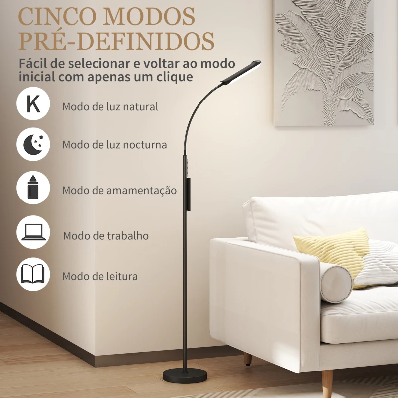 HOMCOM Candeeiro de Pé LED com Controlo Remoto e Tátil 5 Modos de Iluminação Temporizador de 60 Minutos Memória Ø22x175 cm Preto