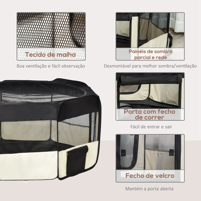 PawHut Parque para Animais de Estimação Dobrável com 2 Portas e Almofada Tecido Oxford Ø114x58 cm Preto e Creme