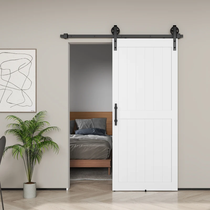 HOMCOM Puerta Corredera de Granero con Herrajes Manija Rodillo y Guía de Suelo Mejorados para Baño Salón 91,5x213,4 cm Blanco(m-9)