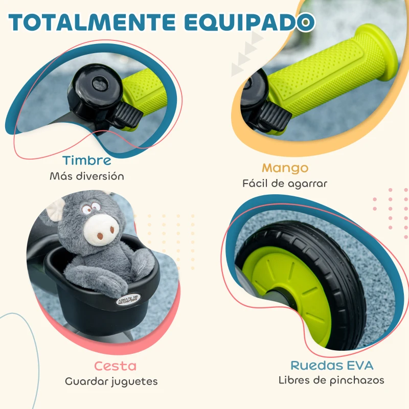 AIYAPLAY Triciclo para Niños de 2 a 5 Años Bicicleta Infantil con Asiento Ajustable Cesta Timbre y Pedales 70,5x53x58 cm Gris
