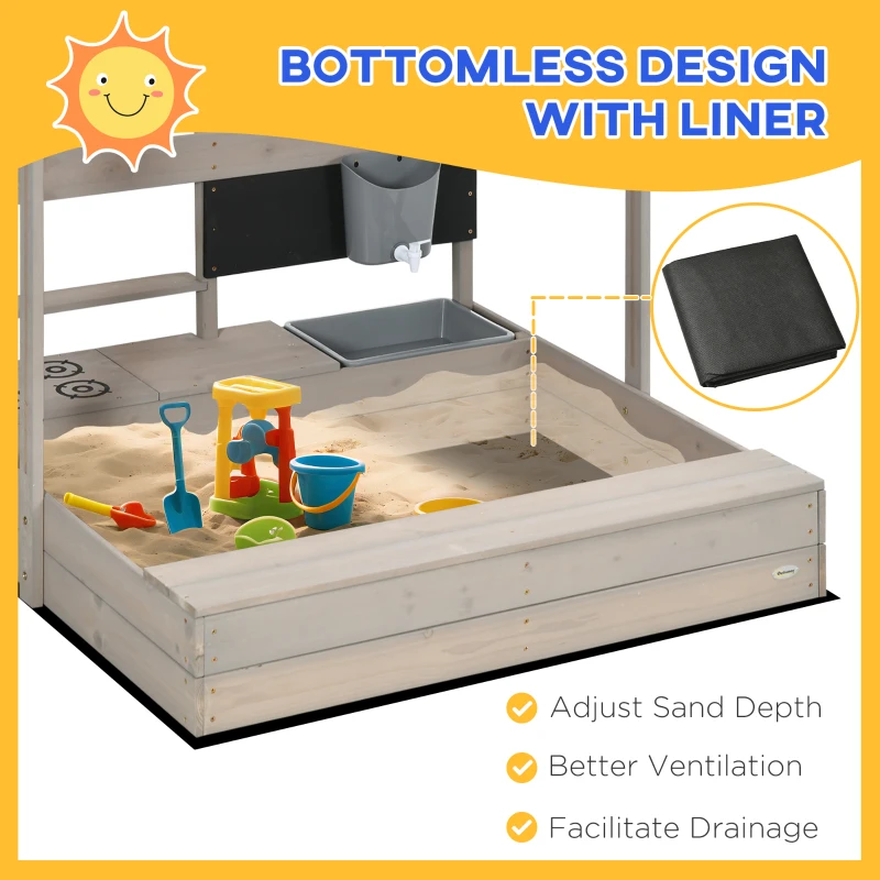Outsunny Kids Wooden Sandbox w/ Canopy, Kitchen Toys, Seat, Storage, for Ages 3-7 Years