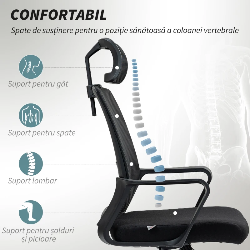 HOMCOM Scaun de Birou Ergonomic cu Tetieră, Înălțime Reglabilă și Funcție de Balansare, 60x64x102-112 cm, Negru
