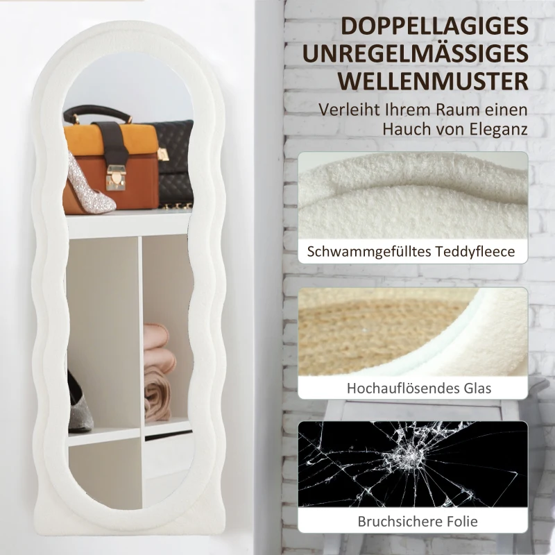 HOMCOM Lichaamslange Spiegel 160 x 60 cm Gebogen Standspiegel met Golfdesign Breukvast Glas Wit