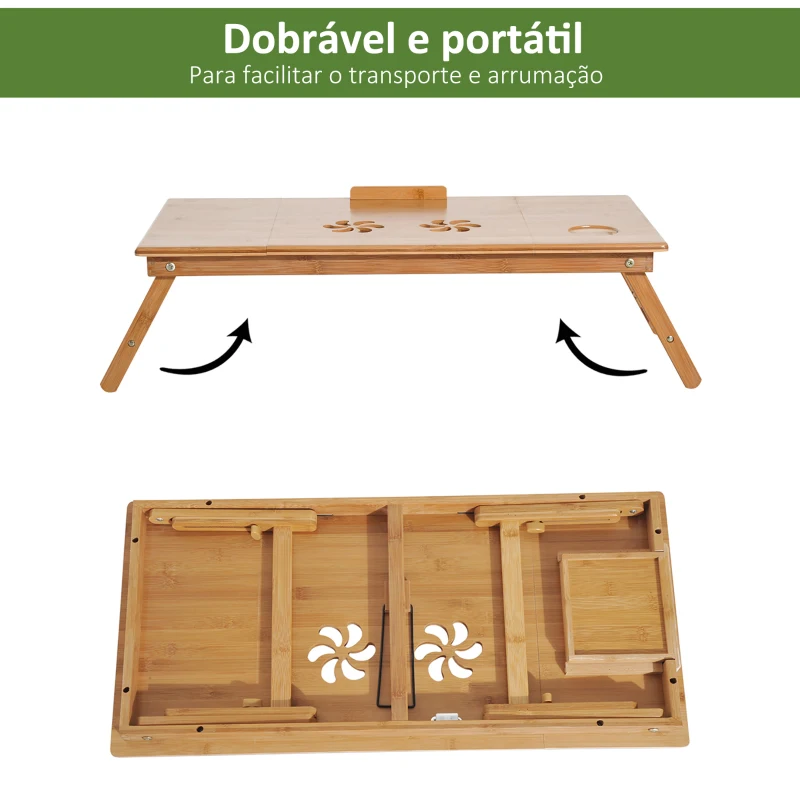 HOMCOM Mesa de Computador Portátil de Bambu Dobrável Reclinável e Altura Ajustável Mesa Auxiliar com1 Gaveta 72x35x22-30 cm Madeira
