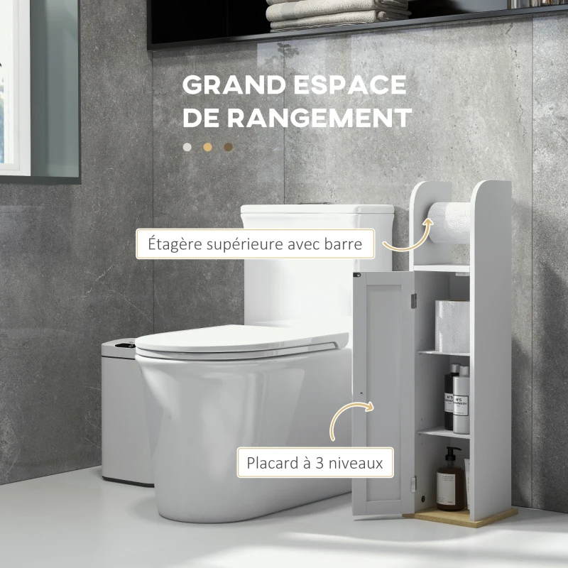 kleankin Meuble de salle de bain support papier toilette avec placard et étagères réglables 20 x 20 x 80 cm blanc