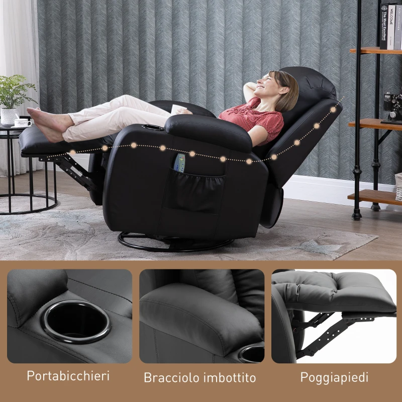 HOMCOM Poltrona Relax Reclinabile fino 150° in Finta Pelle con 8 Punti Massaggio e Riscaldamento, Nero